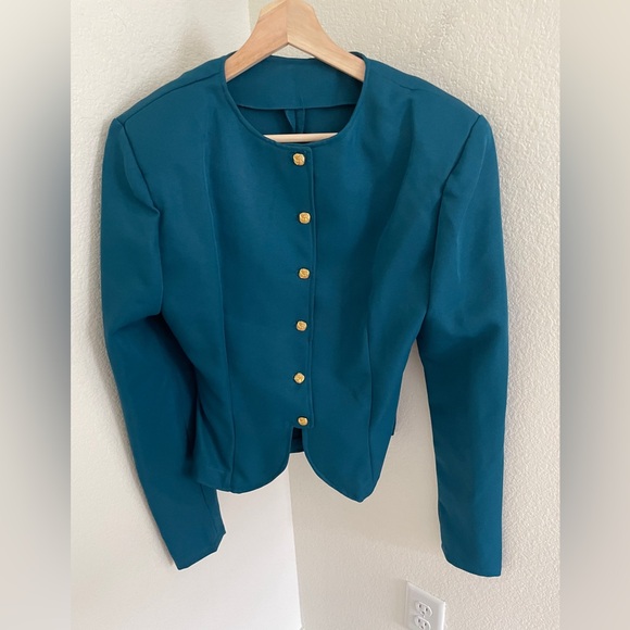 Teal Women's Two-Piece Pantsuit with Gold Buttons - Picture 5 of 12